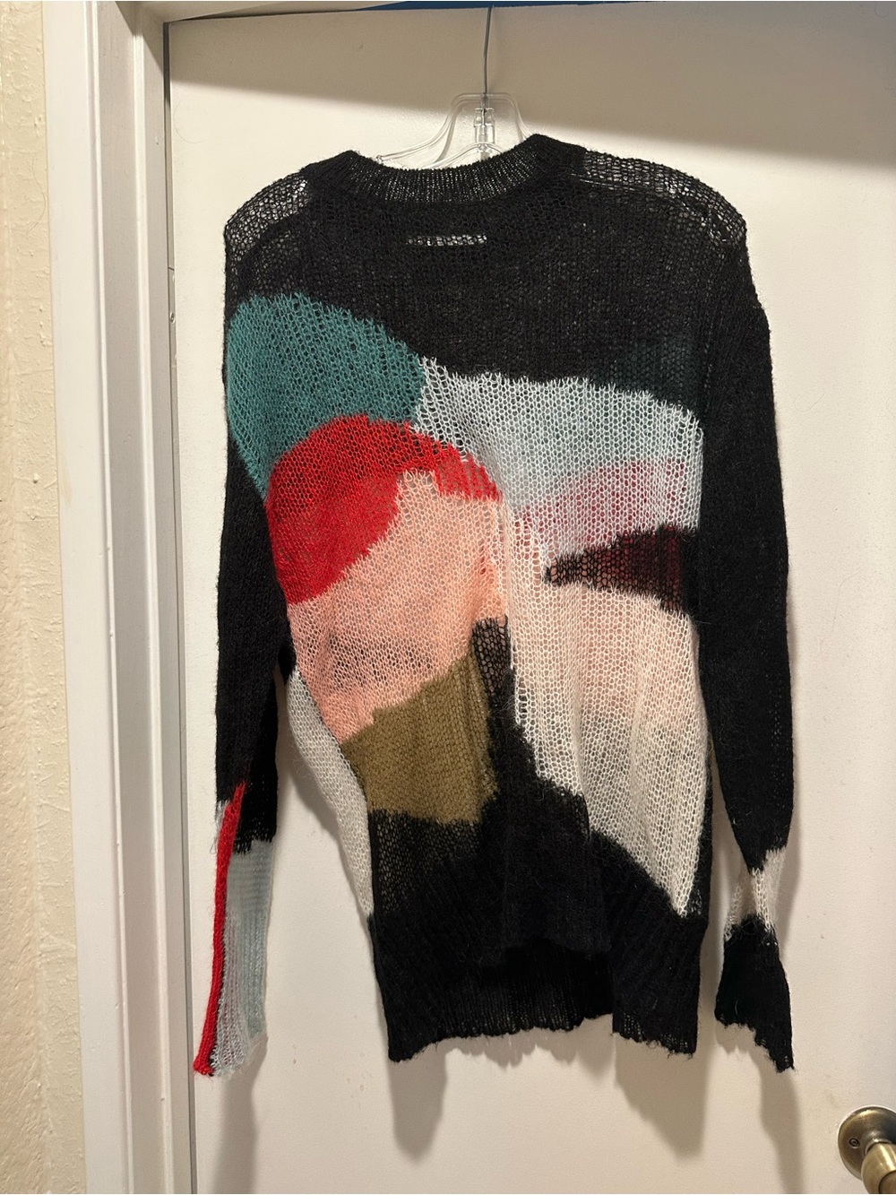 Zara Black Abstract Colorblock Crewneck Sheer Sweater in Multicolor Size Small
